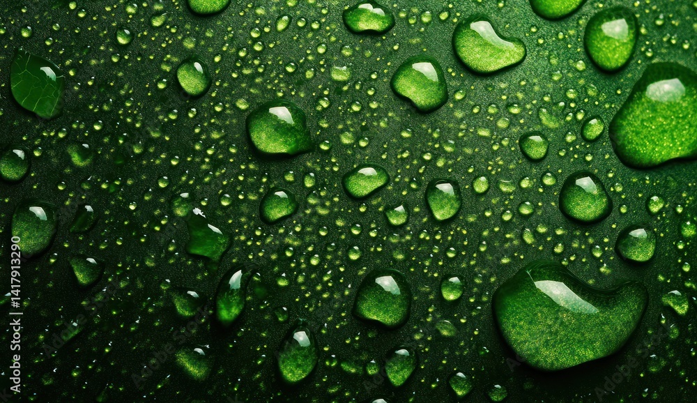 Water droplets on a green leaf surface reflecting light creating a textured pattern. Water droplets on a green leaf surface reflecting light creating a textured pattern.