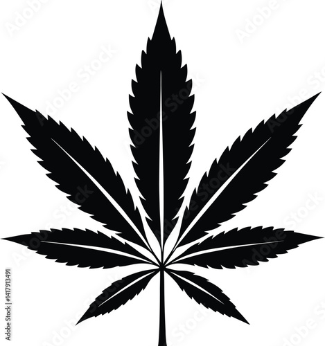 Cannabis leaf silhouette, Hemp leaf black outline, Sativa plant vector design, Herbal leaf flat illustration, Marijuana leaf graphic symbol