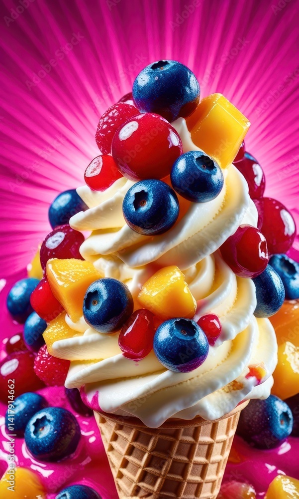 Obraz premium A blueberry and strawberry ice cream cone with a pink background