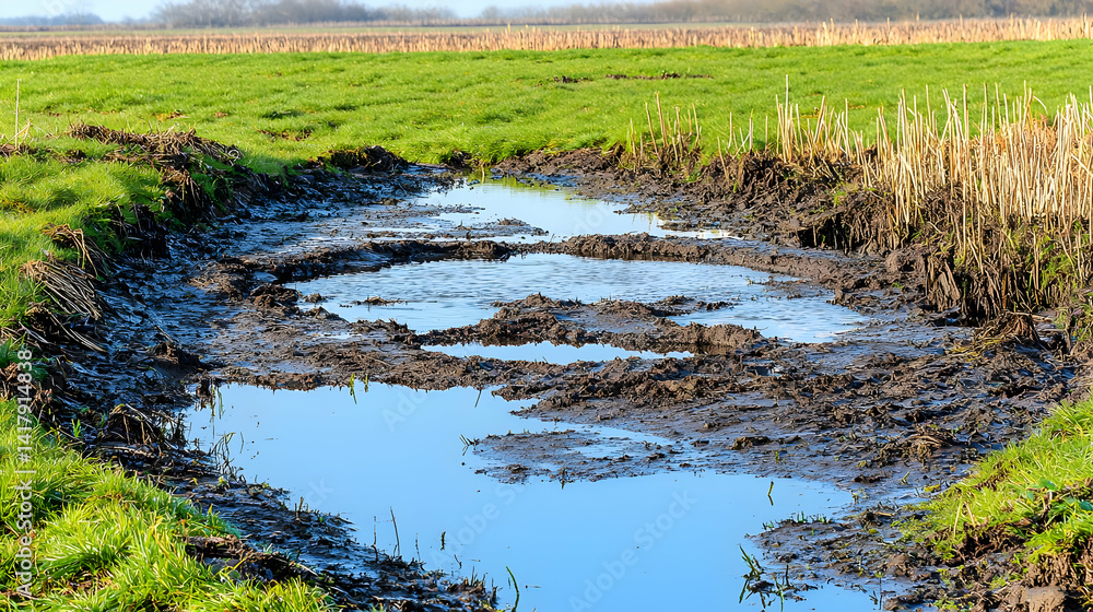 Muddy Puddle In Countryside Field Muddy Puddle In Countryside Field