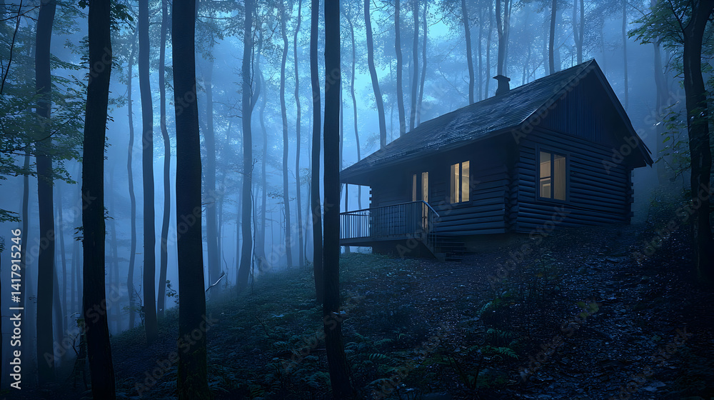 Obraz premium Pixel Art Cabin In Misty Forest At Night