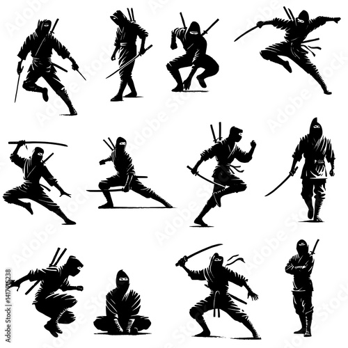 Ninja Silhouette Vector Set in Combat Poses