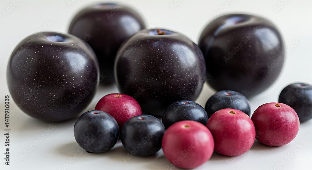 Assortment of Fresh Fruits: A vibrant collection of plums, dark blue berries, and rose-colored berries on a clean white background. Assortment of Fresh Fruits: A vibrant collection of plums, dark blue berries, and rose-colored berries on a clean white background.