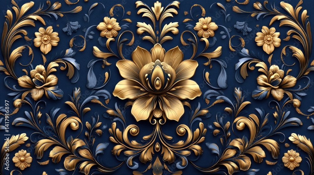 Intricate golden floral ornamentation over dark blue textured decorative background Intricate golden floral ornamentation over dark blue textured decorative background