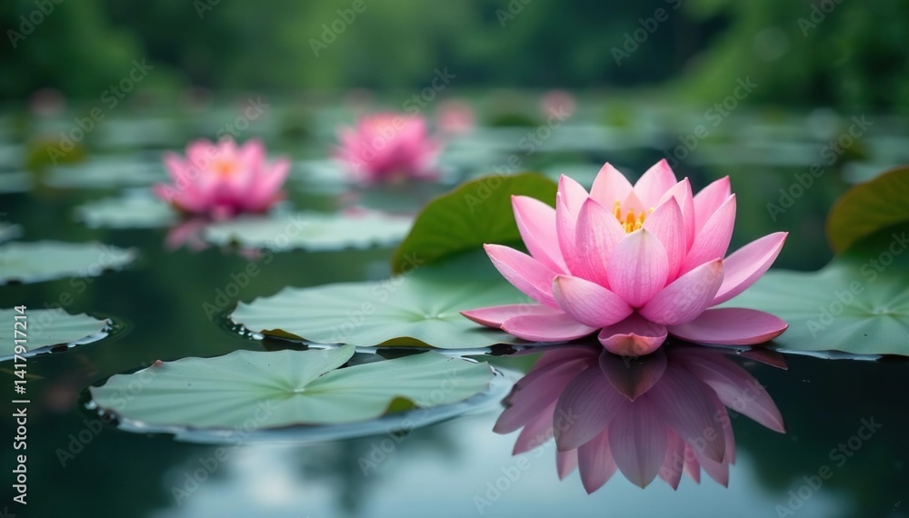 Obraz premium Delicate lotus flowers create a floral tapestry on calm lake water, wallpaper, serene