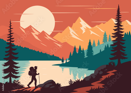 Silhouette of a hiker with backpack walking near a lake with mountains and trees under a bright sun in the sky