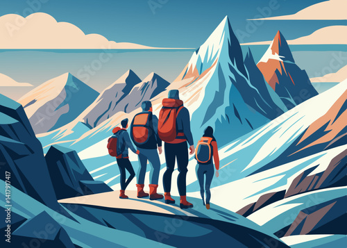 A group of hikers with backpacks ascending a snowy mountain range under a bright sky landscape view