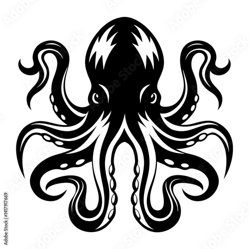 Stylized Black and White Octopus Illustration with Curving Tentacles and Eye Details