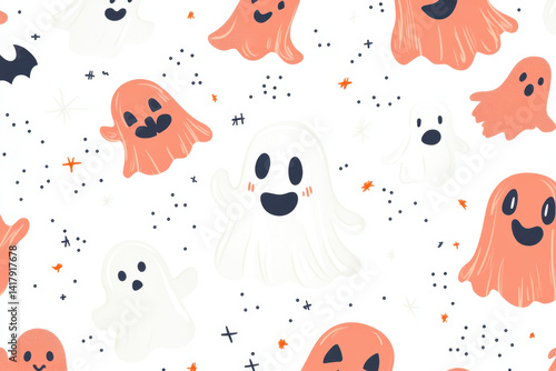 Pattern with ghosts and stars on a dark blue backdrop, creating an eerie and mystical atmosphere.