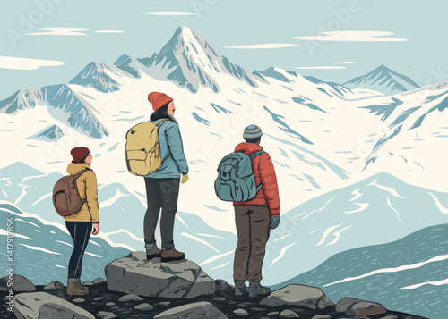 Three hikers with backpacks admiring a snowy mountain range on a bright day in the great outdoors