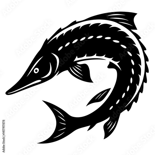 Monochrome image of a Sturgeon fish in a dynamic, stylized pose