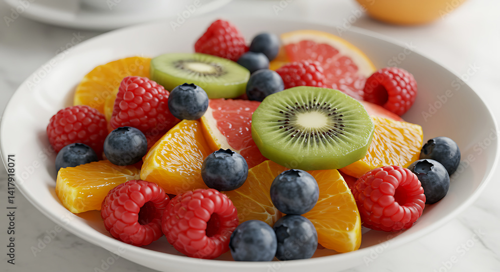 Obraz premium Vibrant fruit salad with oranges, kiwis, grapefruit, blueberries, and raspberries in a white bowl on a light marble surface.
