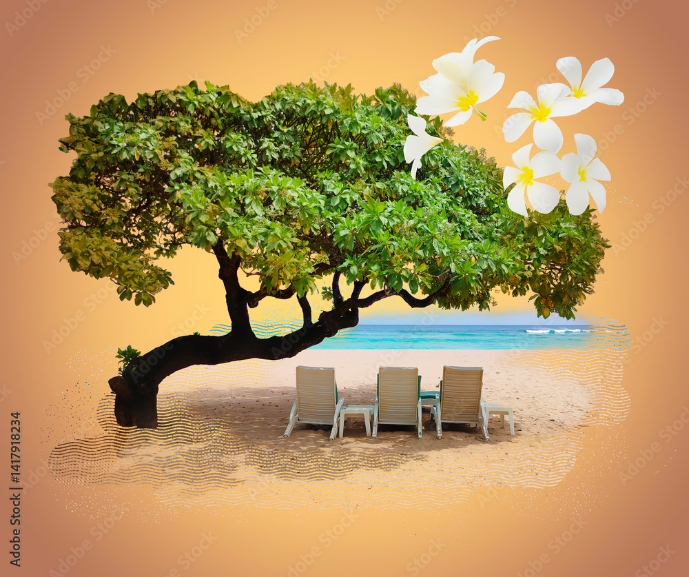 Tropical beach with ocean, tree and sunbedss - art collage or design. Travel and vacation concept