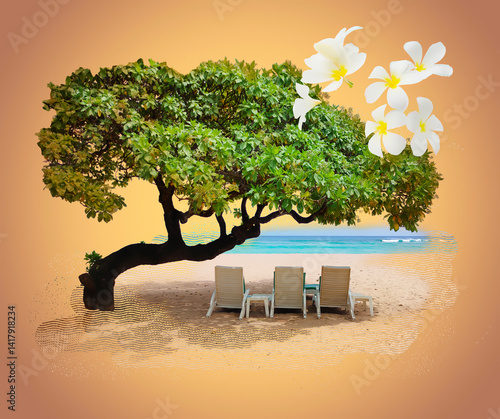 Obraz na płótnie Tropical beach with ocean, tree and sunbedss - art collage or design. Travel and vacation concept w salonie