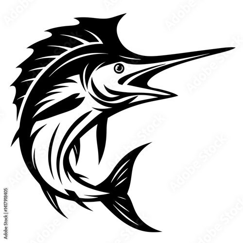 Bold black and white illustration of a marlin fish in action