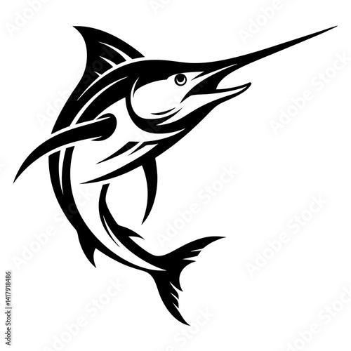 Stylized Black and White Marlin Illustration with Dynamic Tribal Design Elements