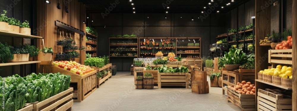 Modern grocery with wooden bins and fresh green produce Modern grocery with wooden bins and fresh green produce