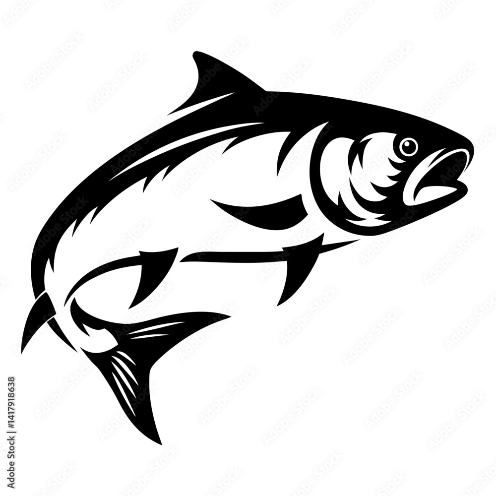 Fototapeta premium Stylish Black and White Fish Illustration with Dynamic Curve and Open Mouth