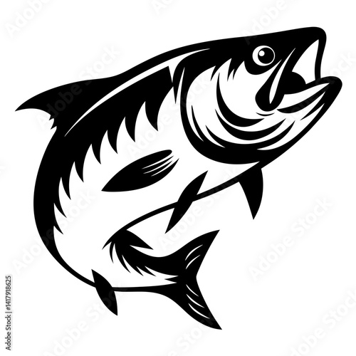 Monochrome illustration of a jumping fish with an open mouth upward position