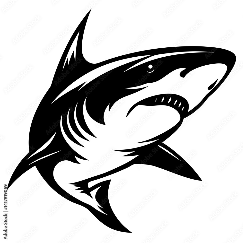 Fototapeta premium Stylized Black and White Shark Illustration with Aggressive Posture and Sharp Teeth