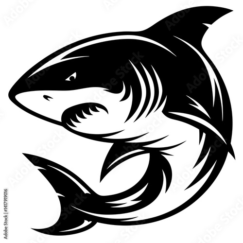 A stylized black and white graphic of a shark swimming towards the viewer