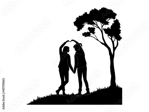 Silhouette of two kids forming a heart shape with hands in a romantic or friendship scene outdoors, Happy friend's ship day.