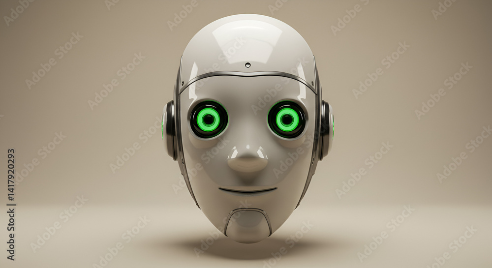 Robot Head Alone Floating On Neutral Backdrop Robot Head Alone Floating On Neutral Backdrop
