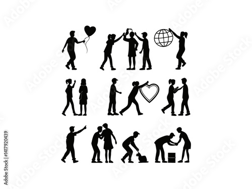 Silhouette illustrations of people interacting, celebrating International Friendship Day.  Graphic features various black silhouette illustrations of people engaging in different friendly gestures.