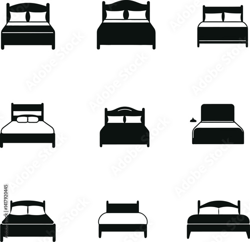 Vector Set of Nine Unique Bed Silhouettes Displaying Various Designs of Headboards and Footboards in a Grid Layout