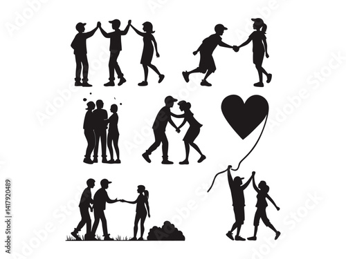 Silhouette illustrations of people interacting, celebrating International Friendship Day.  Graphic features various black silhouette illustrations of people engaging in different friendly gestures.