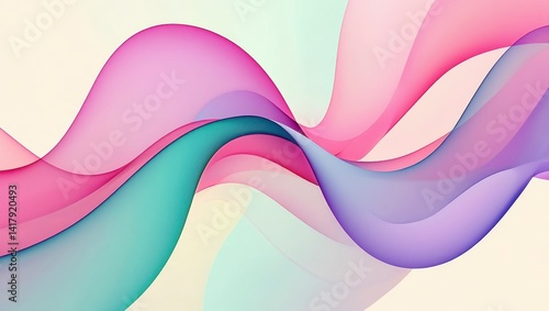 A modern abstract composition features overlapping fluid shapes in soft pastel pink, mint green, and lavender