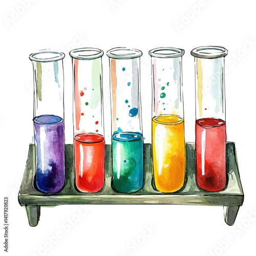 Medical Test Tube Rack With Colorful Liquids, vector watercolor illustration, isolated on a white background.