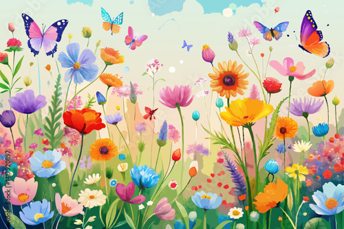 A vibrant watercolor meadow scene filled with colorful flowers and fluttering butterflies in the sunlight