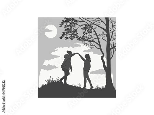 Romantic Couple Embraces Under a Majestic Tree, A silhouette of a loving couple embracing on a hill, with a large, wind-swept tree in the background.