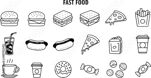 Fast food line icon set. Burger sandwich pizza hot dog cola coffee sweets