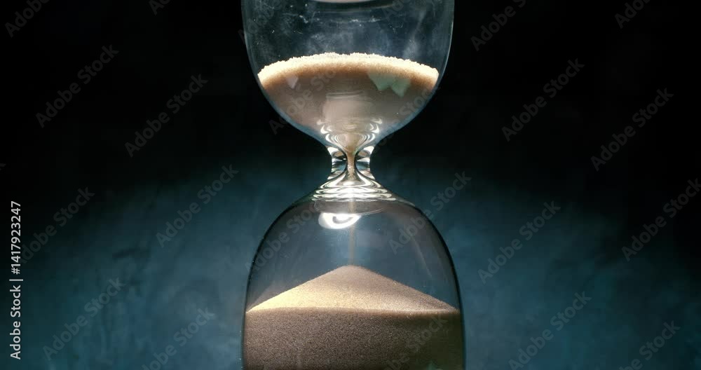 Hourglass with grains of sand on a dark background. Shot on super slow motion camera 1000 fps.