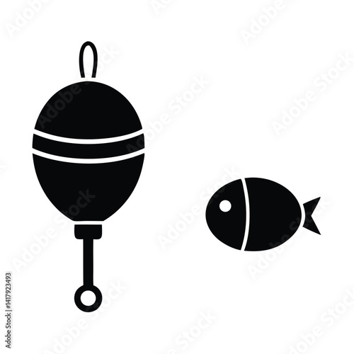 Fishing Bobber and Fish Icon, Solid Black Design Elements on Transparent Background