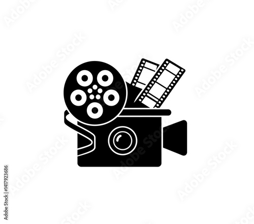 Film reel amd camera vector icon in black color with white background