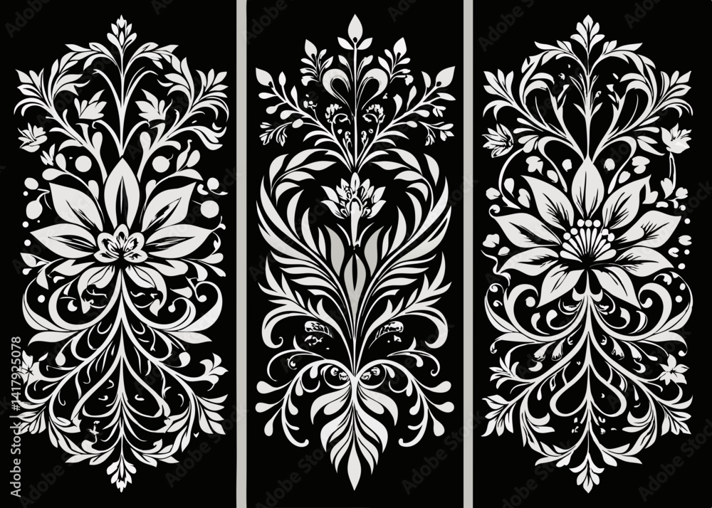 Fototapeta premium Three panel design featuring symmetrical floral and foliate motifs in white on a black background