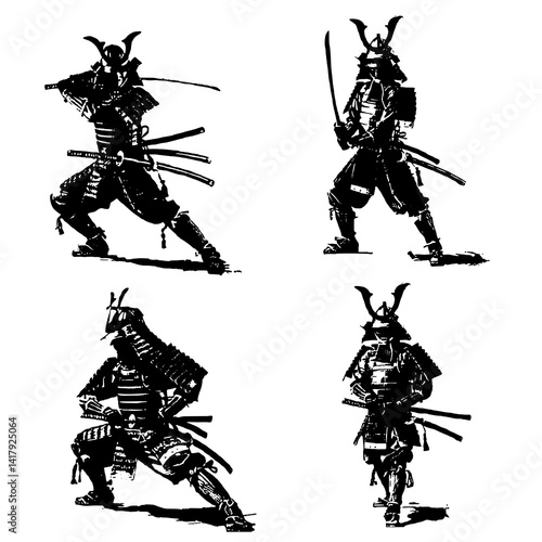 Traditional Samurai Warriors Vector Illustration in Combat Poses