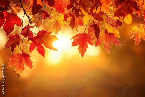 Fototapeta Naklejka Na Ścianę i Meble -  Vibrant autumn leaves in rich hues creating a picturesque fall scene. Vivid colors with a backdrop of trees and soft sunlight filtering through, perfect for HD wallpapers.