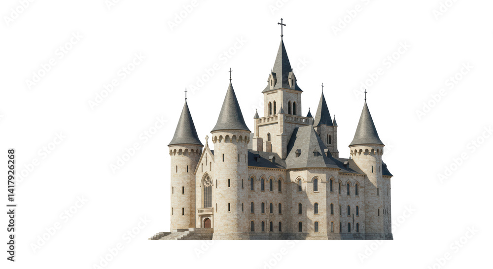 Isolated Medieval Stone Castle with Multiple Towers and Spires Isolated Medieval Stone Castle with Multiple Towers and Spires