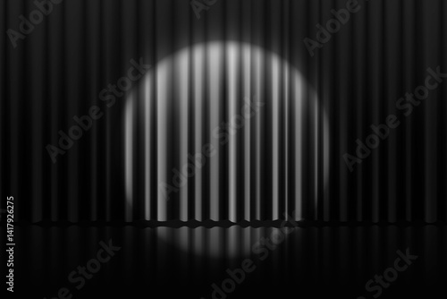 Vintage black stage curtain with soft silk drapes and spotlight beam. Elegant vector background with floor reflection and retro dramatic lighting. Perfect for award ceremony, theatre or movie premiere