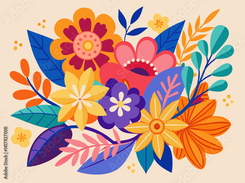 Illustration of colorful floral arrangement with various flowers and foliage on a light background