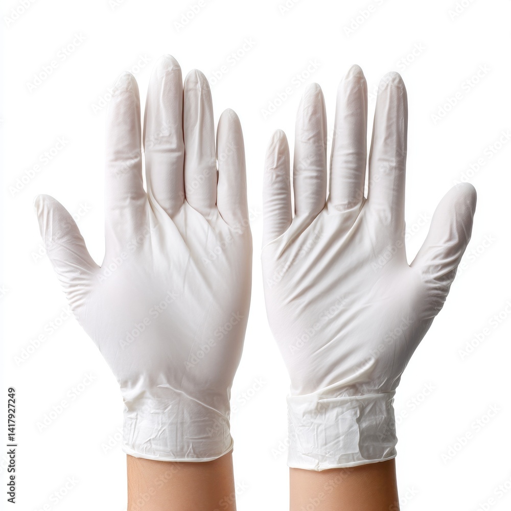 Hands wearing protective latex gloves raised up on white background Hands wearing protective latex gloves raised up on white background
