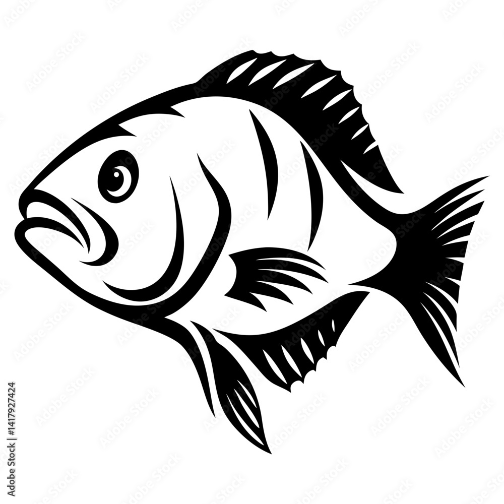 Stylized black and white fish with fins and scales illustration art Stylized black and white fish with fins and scales illustration art