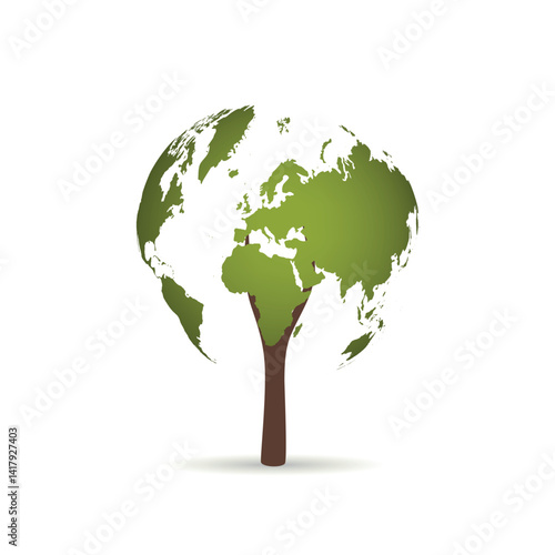 Green globe on the tree. Tree with globe. Environmentally friendly world. Creative drawing ecological concepts. Happy family stories. The concept of ecology, to save the planet. Vector