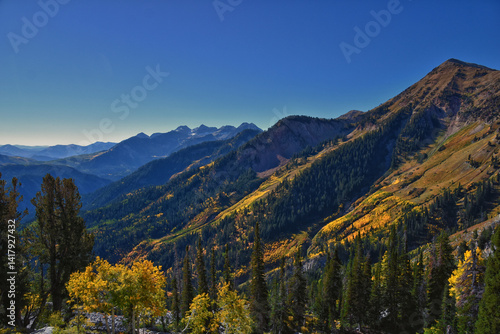 Obraz na płótnie Box Elder Peak hiking views from trail, American Fork Canyon. Lone Peak, Mt Timpanogos, Wasatch Range Rocky Mountains, Utah, United States. w salonie