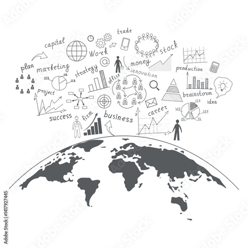 Creative drawing chart and graphs business plan idea on globe, Business world concept modern design template work flow layout, diagram, step up options, Vector