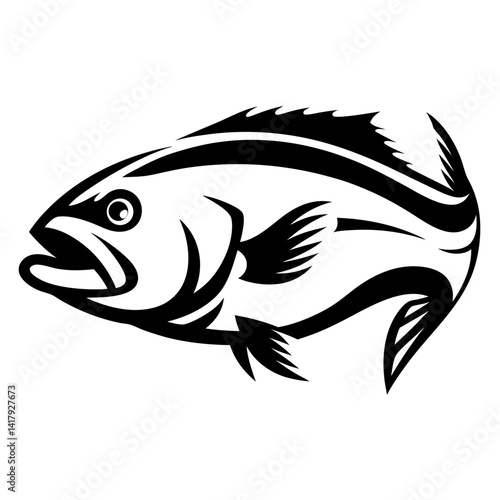 Monochrome stylized illustration of a predatory fish isolated on a white background